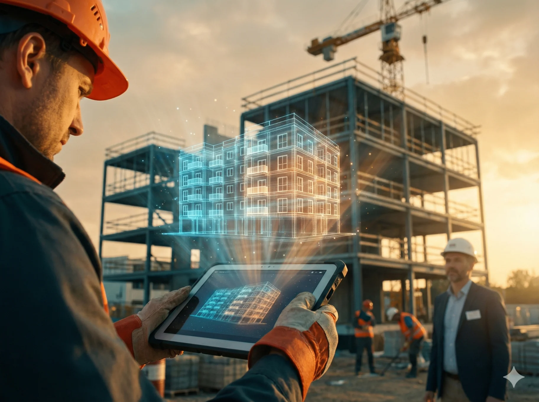Bauleiter mit Tablet, holografisches Gebäudemodell über der Baustelle