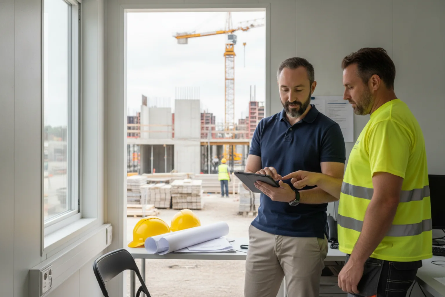 Büro-Arbeitsplatz mit Blick auf eine Baustelle